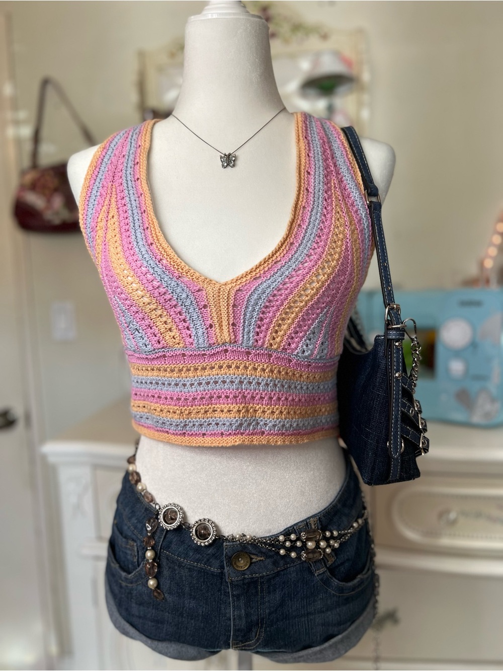 Hollister Pastel Striped Crochet V-Neck Crop Top - Pink, Yellow & Blue